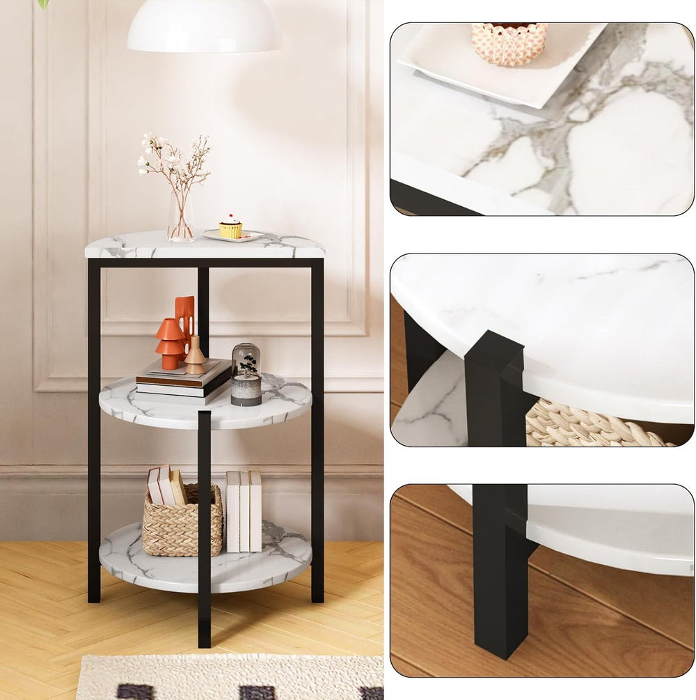 White and Black End Tables Set of 2, Round Marble Nightstand Set of 2 for Bed...