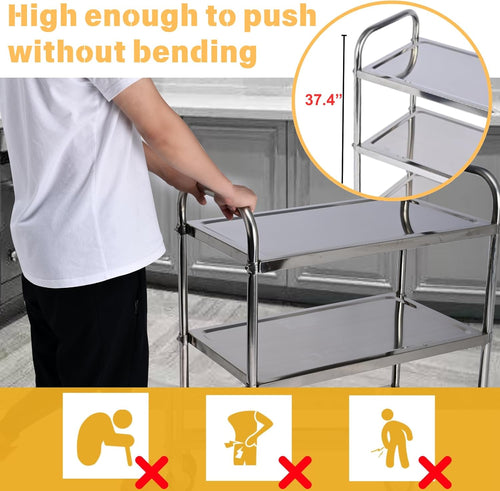 3 Shelf Stainless Steel Cart, 420 lbs, 1MM Thick, Serving With Wheels, Household Service Trolley, 360 Rotation Storage Shelf With Locking Wheels (29.5*15.8*37.4)'' Utility