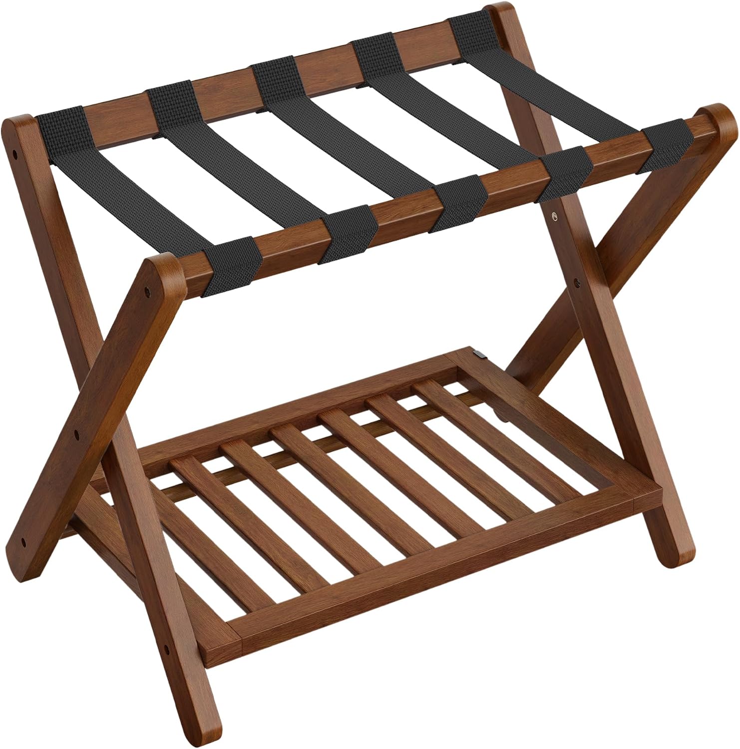 SONGMICS Solid Wood Luggage Rack, No Assembly Required, Foldable Suitcase Stand, Luggage Holder, with Storage Shelf, for Guest Room, Hotel, Bedroom, Coffee Brown URLR020K02