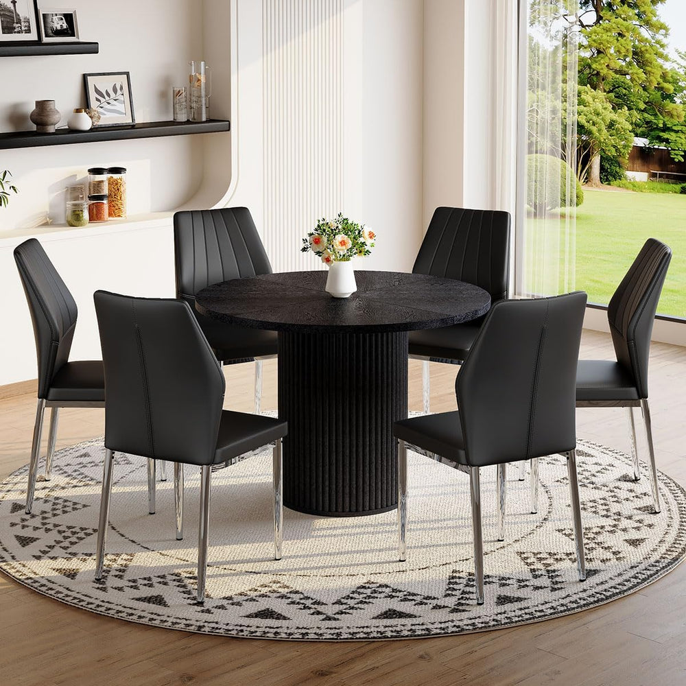 Round Dining Table Set for 6, Black Kitchen Table Set for 6 with 42''...