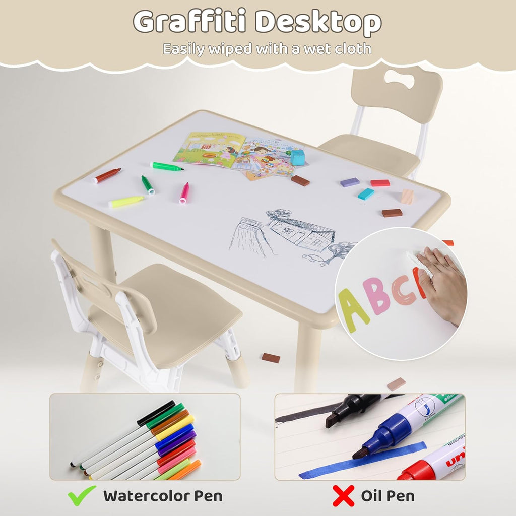 DOREROOM Kids Table and 4 Chairs Set, Height Adjustable (17.7"-26.1") Toddler Table and Chair Set, Multi-Activity Table with Graffiti Desktop, Children’s Table and Chairs for Classroom, Home & Daycare