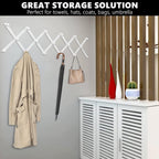 Amber Home Wood Accordion Wall Rack 17 Hooks (Pegs), Expandable Wall Mounted Hanger for Coat, Hat, Scarf, Coffee Mugs, X Shape Coat Hooks (White Color)