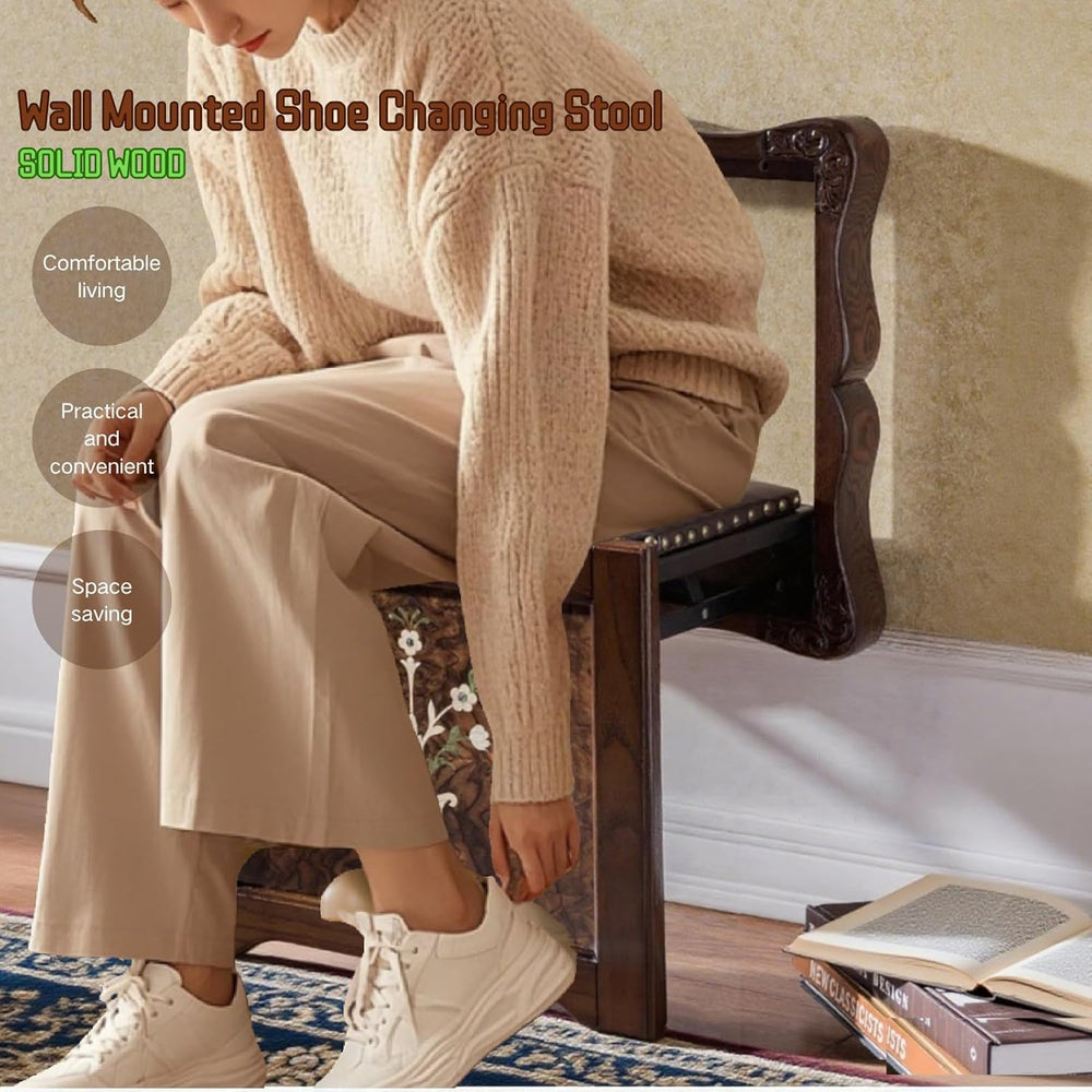 Solid Wood Wall-Mounted Folding Stool - Space Saving Shoe Changing Bench with...