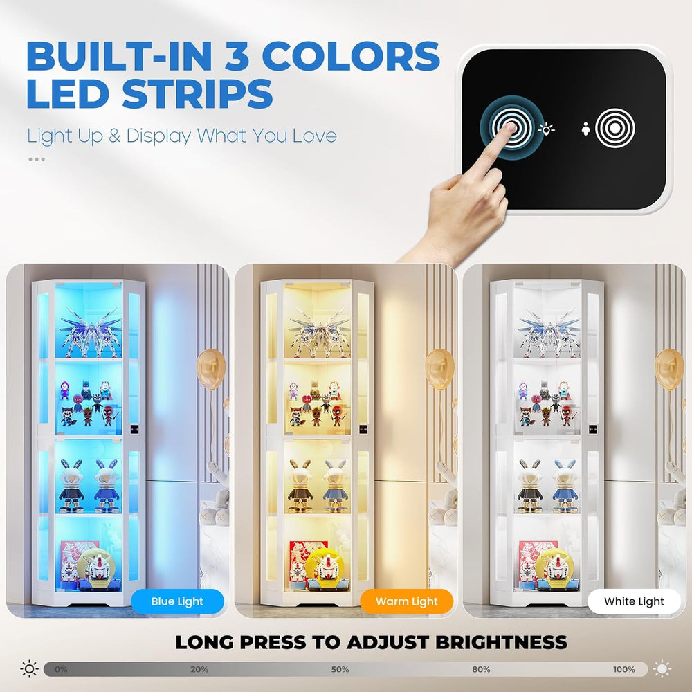 BROTTAR 65" Corner Glass Display Cabinet with LED Lights, 4-Tier Showcas...