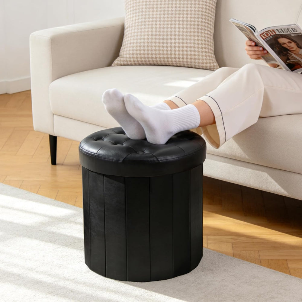 CAROLMADE Round Storage Ottoman, PU Leather Folding Footrest Stool with Thick...