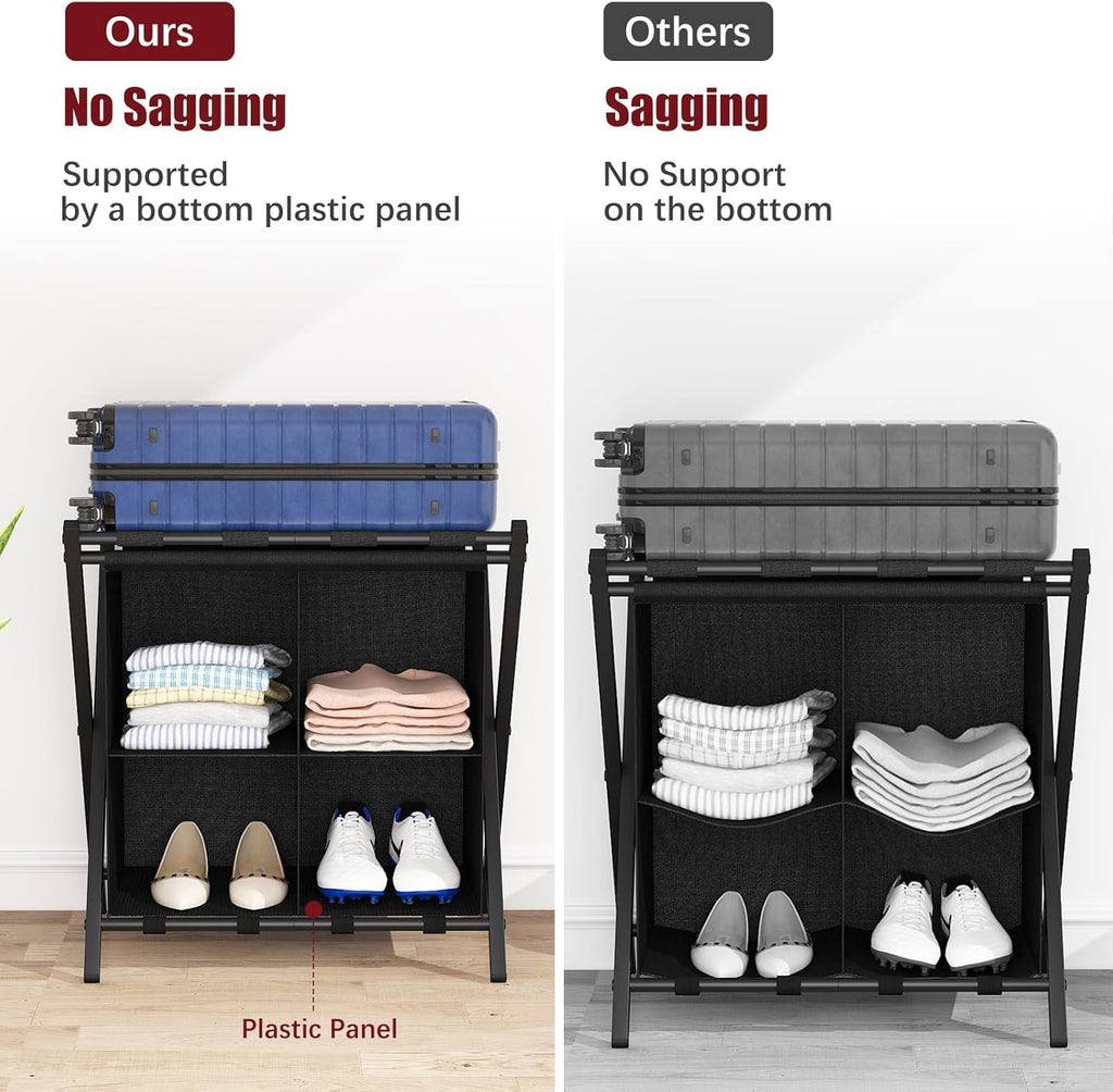 aboxoo Luggage Rack with storage, Guest Room Folding Suitcase Stands, Holds up to 120 lb, Space Saving Suitcase Holders for guest room, Bedroom Hotel, Black