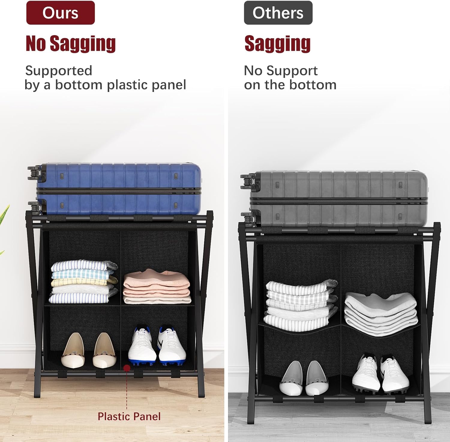 aboxoo Luggage Rack with storage, Guest Room Folding Suitcase Stands, Holds up to 120 lb, Space Saving Suitcase Holders for guest room, Bedroom Hotel, Black