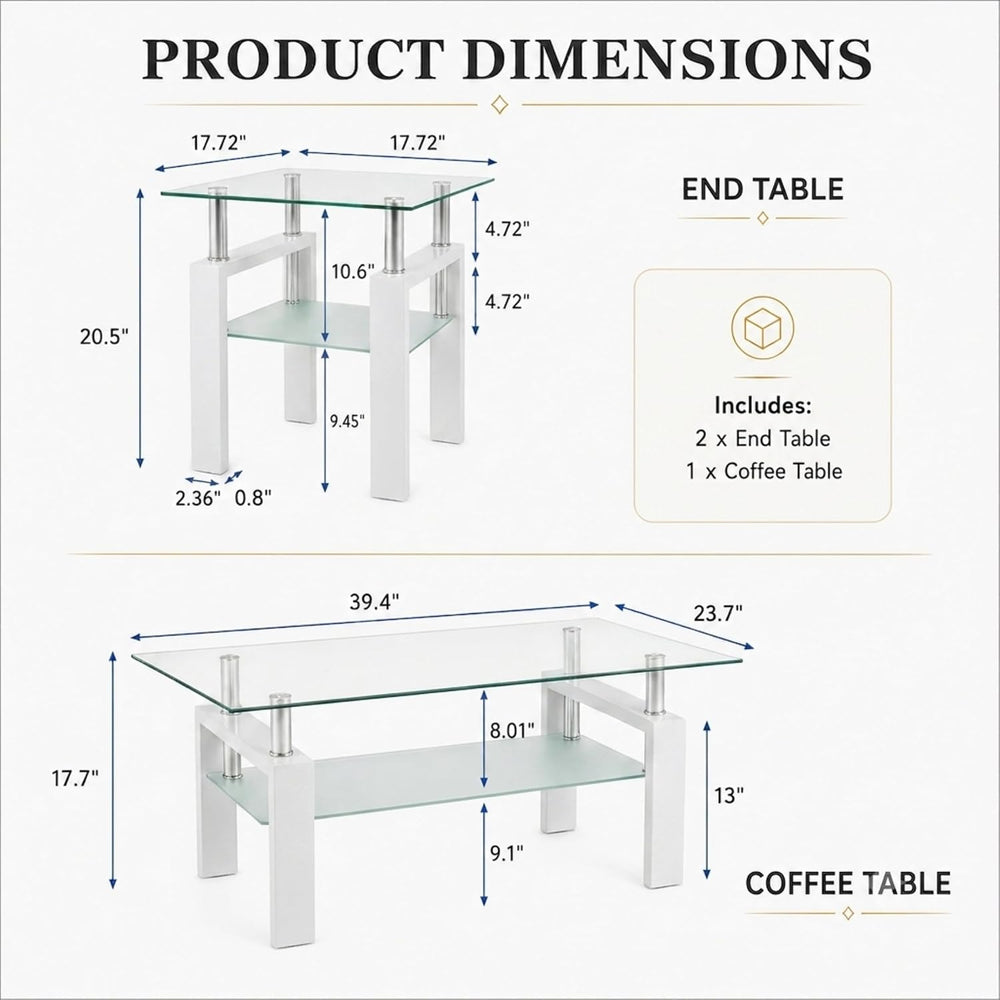 Meihua 3-Piece Glass Coffee Table Set, Center Table with 2 End Tables | Tempe...