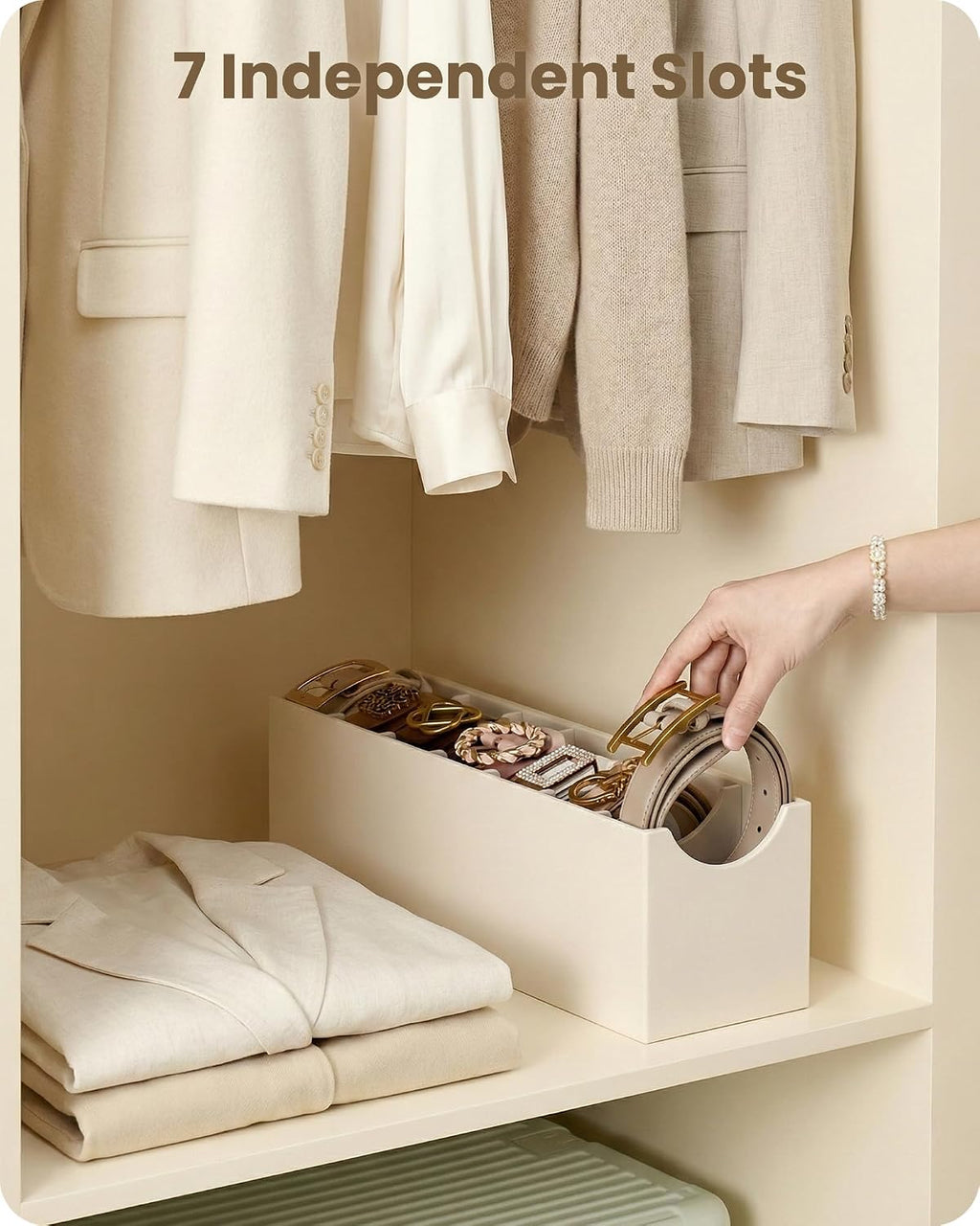 Lolalet 7 Compartments Belt Organizer, PU Leather Belt Holder with Soft Lining, Extra-Wide Slots for Women, Fits Drawer, Closet & Entryway Cabinet -1 Pack, Cream