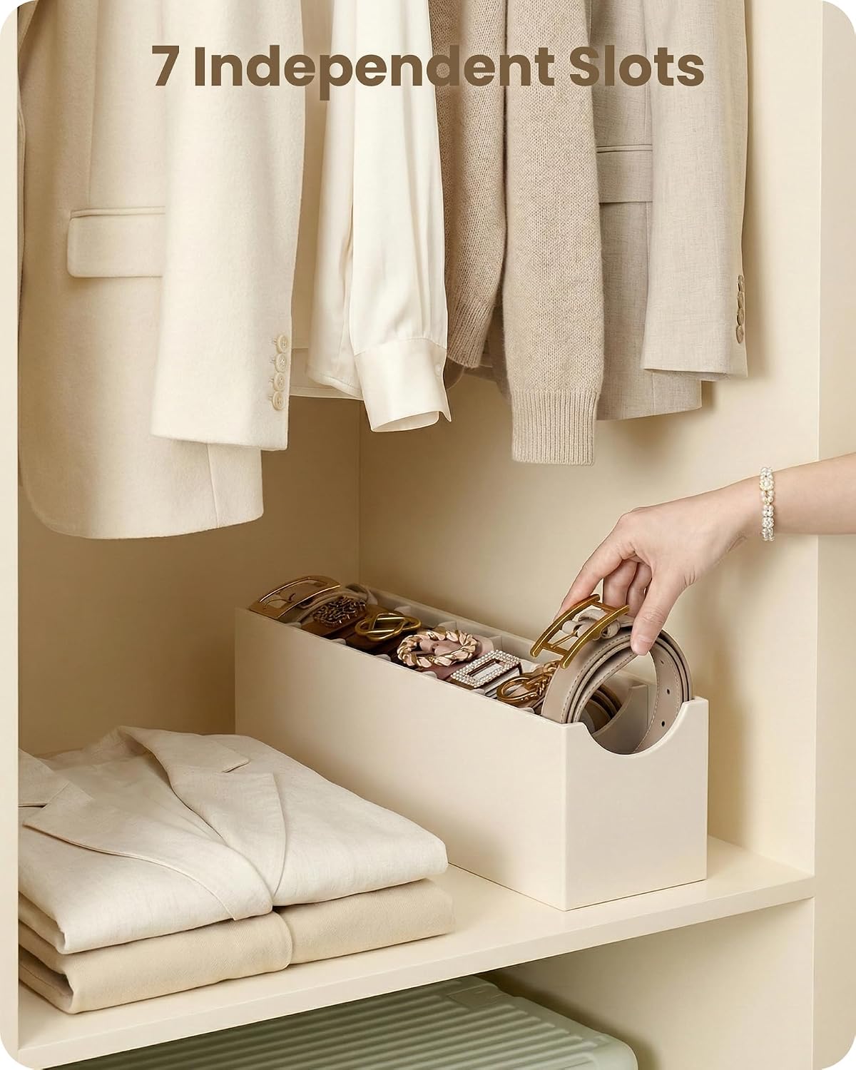 Lolalet 7 Compartments Belt Organizer, PU Leather Belt Holder with Soft Lining, Extra-Wide Slots for Women, Fits Drawer, Closet & Entryway Cabinet -1 Pack, Cream