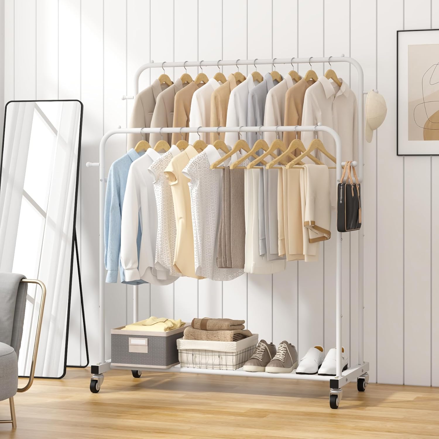 Laiensia Double Rods Garment Rack with Wheels, Clothing Rack for Hanging Clothes,4 Hooks, Multi-functional Bedroom Clothes Rack, White