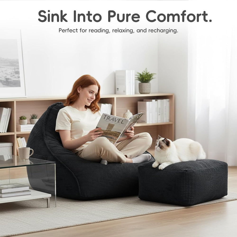 Bean Bag Chair with Ottoman for Adults, Large Corduroy Bean Bag Couch, Chaise...