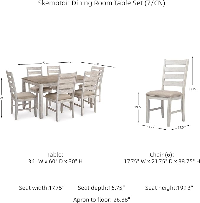 Signature Design by Ashley Skempton Cottage Dining 7 Piece Set – Rectangular Table & 6 Upholstered Chairs | Coastal Chic Meets Farmhouse, Whitewash