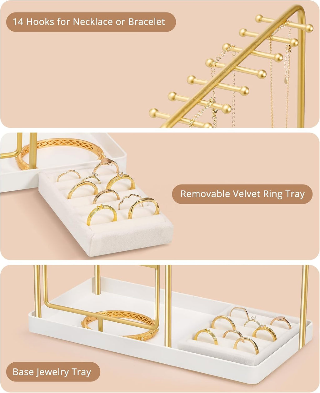 ProCase Jewelry Stand Holder Organizer and Storage, Gold | Rotating Earring Bracelet Holder Storage, Hanging Jewelry Display Velvet Ring Tray, Teen Girls Birthday Gifts Room Dorm Decor