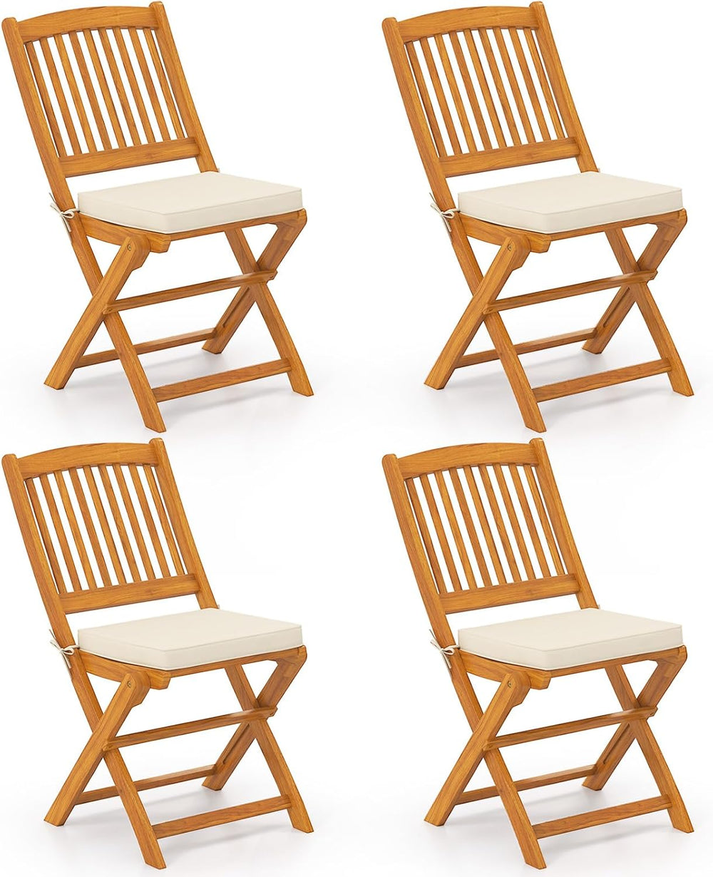 HAPPYGRILL Outdoor Folding Chairs Set of 4, Acacia Wood High-Back Chair w/Sea...