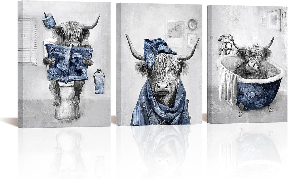 sechars Funny Highland Cow Wall Art Blue Bathroom Decor