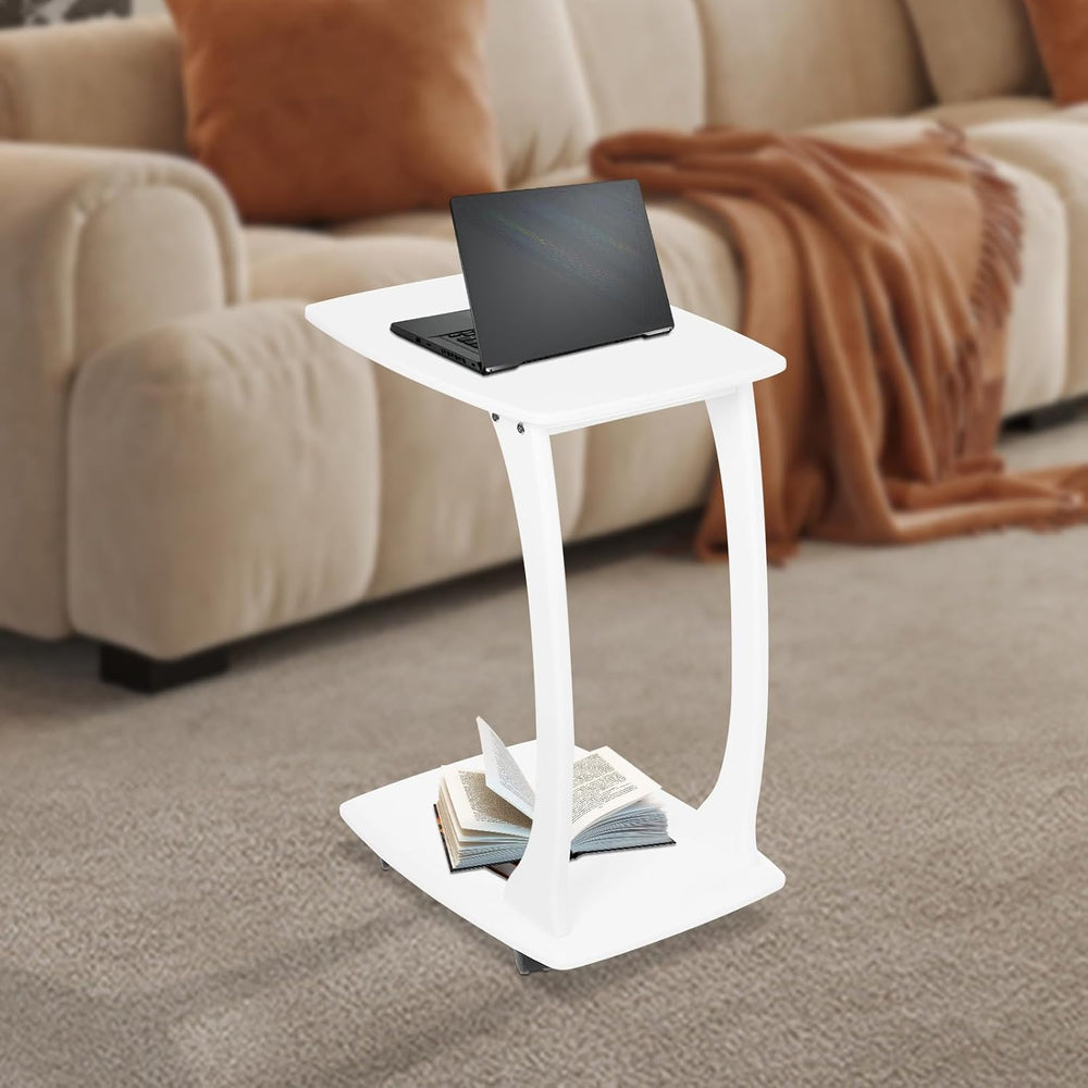 Solid Wood End Table, C-Shaped Side Table with Wheels, TV Tray Table, Couch T...