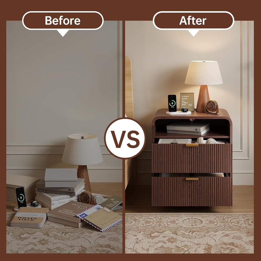FURSUN 24" Fluted Nightstand with Charging Station, Wooden End Table wit...