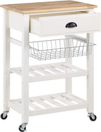 OSP Home Furnishings Hampton Kitchen Cart with Wood Top, Utensil Drawer, Under Cabinet Basket, and 2 Slatted Shelves, White Base