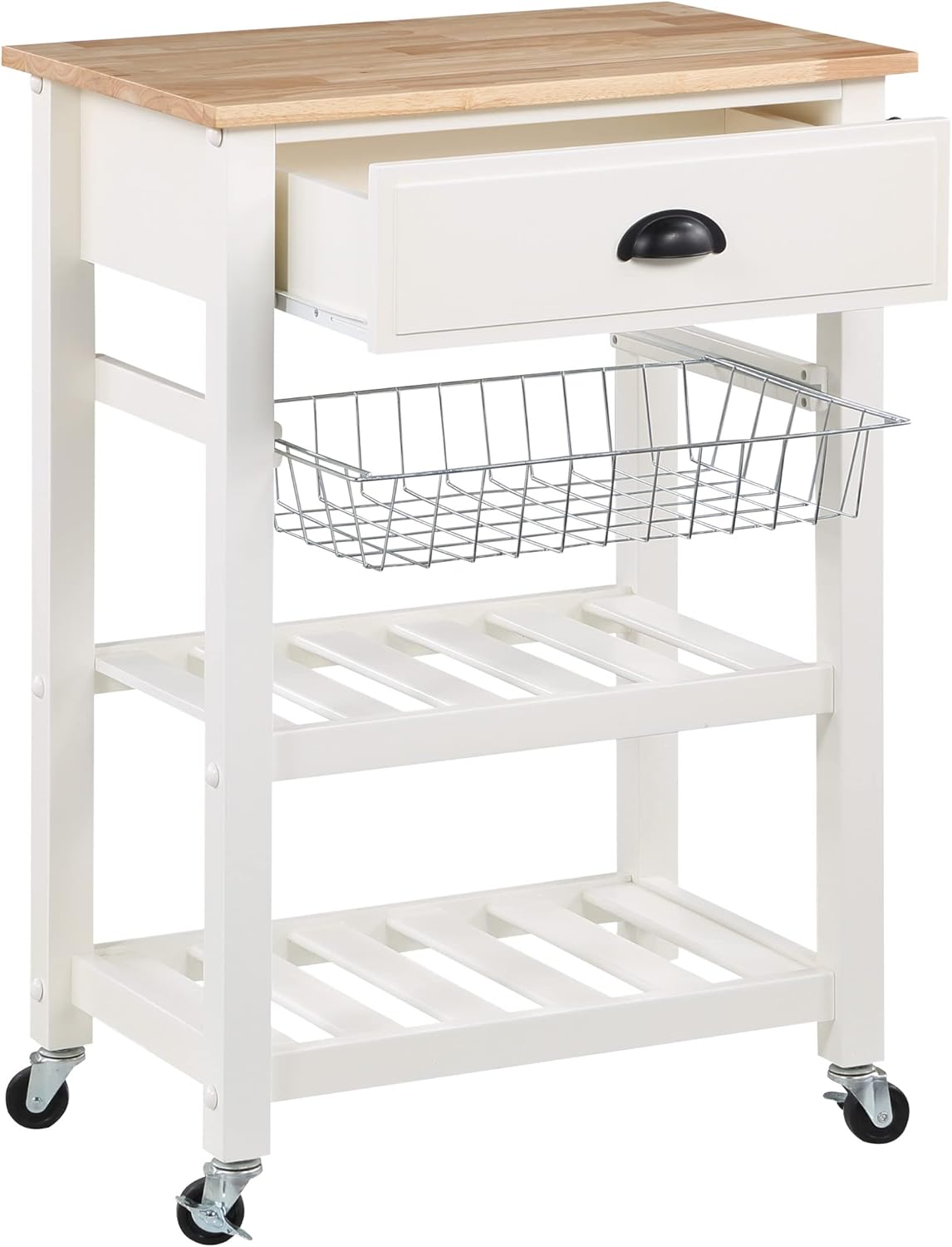 OSP Home Furnishings Hampton Kitchen Cart with Wood Top, Utensil Drawer, Under Cabinet Basket, and 2 Slatted Shelves, White Base