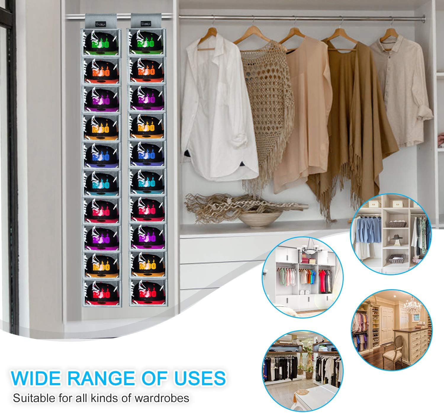 VAESIDA Hat Rack - 10 Shelf Upgraded Version Hat Organizer for Closet with Dust Shield & Side Mesh Storage Pockets - Hat Holder & Hat Racks for Baseball Caps