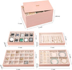 Voova Stackable Jewelry Organizer Tray with Lid, PU Leather Jewelry Storage Holder for Drawer Inserts, Jewellery Display Box Case for Earring Necklace Ring Watch Bracelet (Set of 4, Pink)