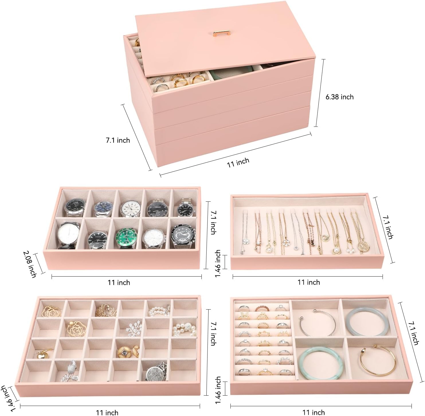 Voova Stackable Jewelry Organizer Tray with Lid, PU Leather Jewelry Storage Holder for Drawer Inserts, Jewellery Display Box Case for Earring Necklace Ring Watch Bracelet (Set of 4, Pink)