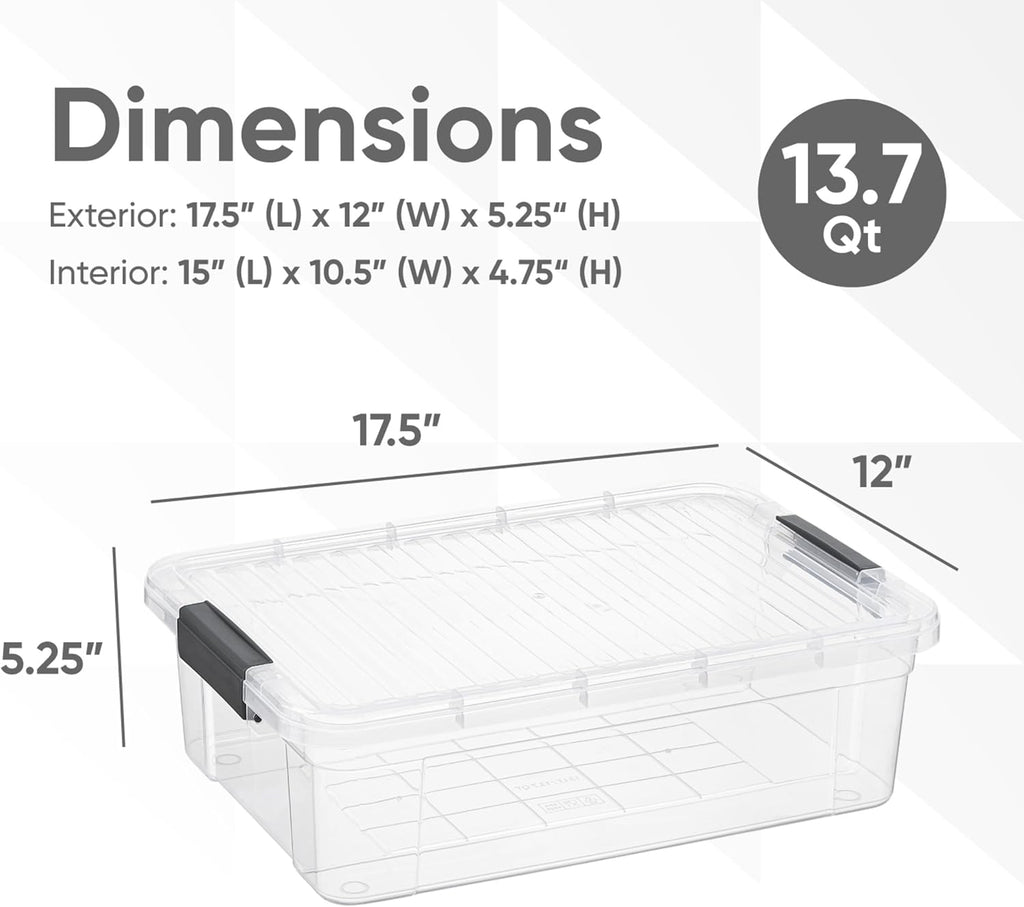 Superio Clear Storage Boxes with Lids, 13.7 Quart Plastic Container Bins for Organizing, Stackable Crates, BPA Free, Non Toxic, Odor Free, Organizers for Home, Office and Dorm, 6 Pack