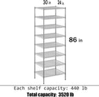 24" Deep x 30" Wide x 86" Height Wire Shelving Kit | 8-Tier | NSF Commercial Storage Rack Unit