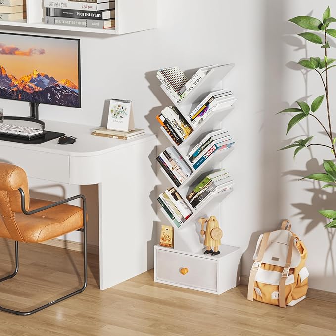 8 Tier Tree Bookshelf with Drawer, Free Standing Wood Bookcase for Living Roo...