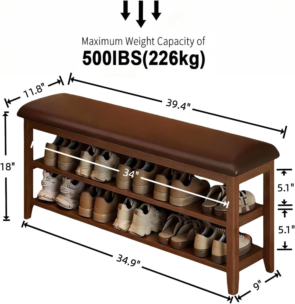 Shoe Bench Storage with Leather Cushion, Rustic Solid Wood Entryway Bench wit...