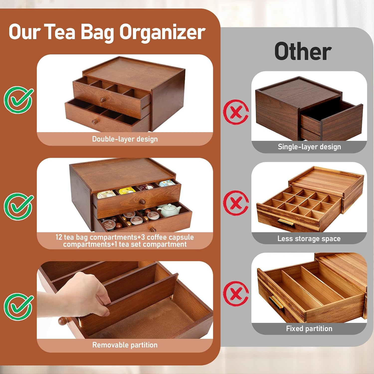 Acacia Wood Tea Bag Organizer, Tea Organizers and Storage Box, Double-Drawer Tea Box - Tea and Coffee Organizer,Multi-Functional Tea Station Chest,Wooden Tea Tray and Containers for Countertop Display