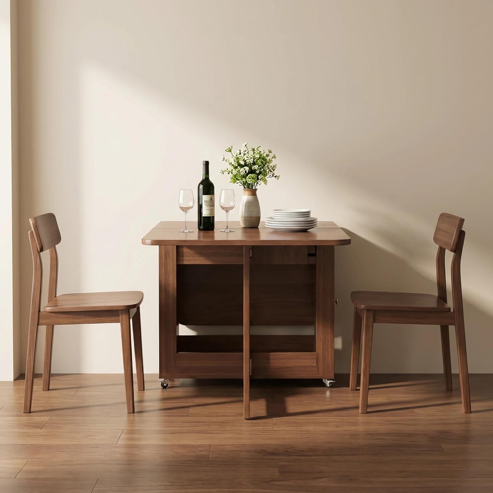 Extendable Drop Leaf Folding Dining Table with 2 Hidden Storage Drawers and 4...