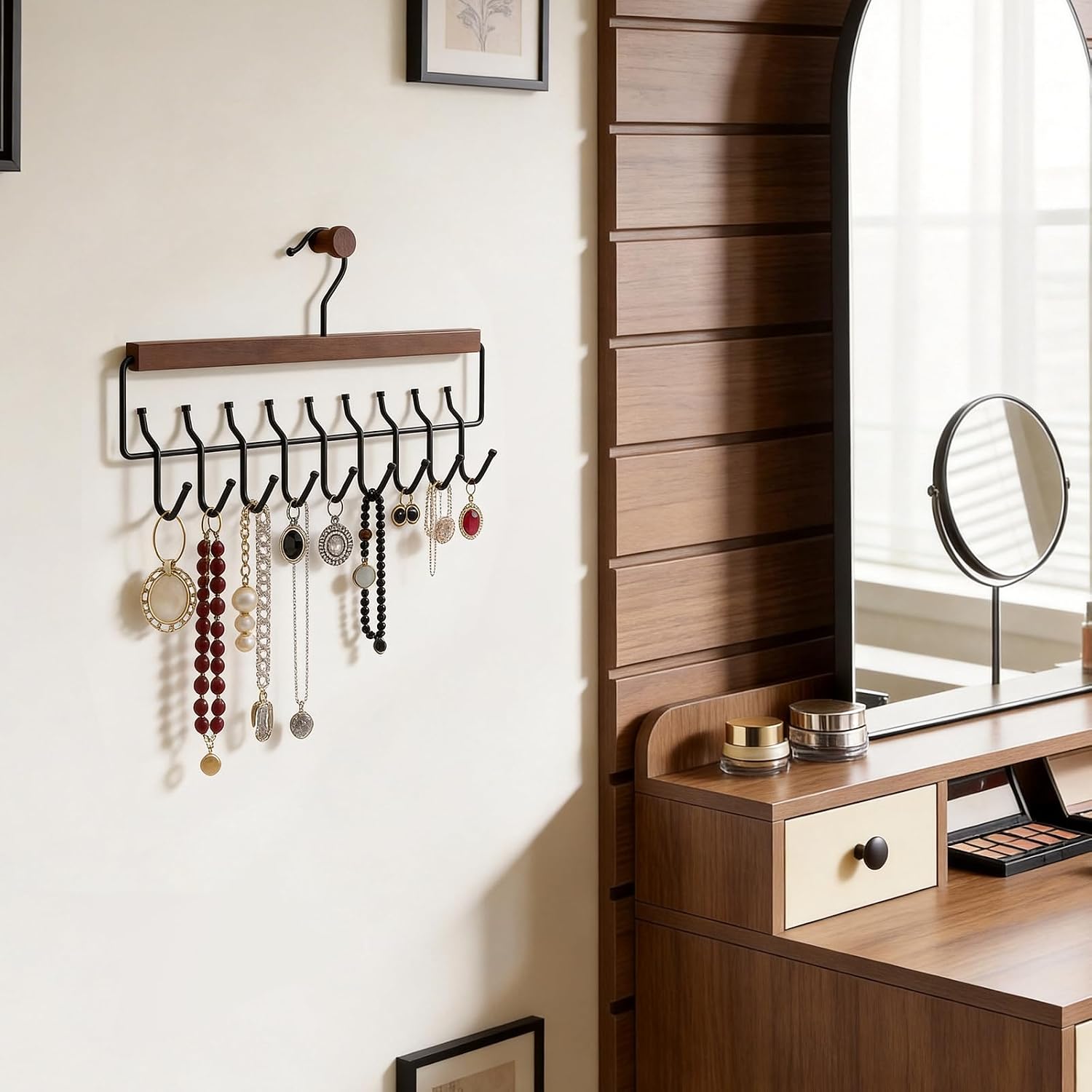 Wooden Jewelry Hanger 2-Pack, Hanging Jewelry Organizer with 16 Hooks, Tangle-Free Display for Necklace, Bracelet, Ring, Bangles, Perfect for Bathroom, Closet Door
