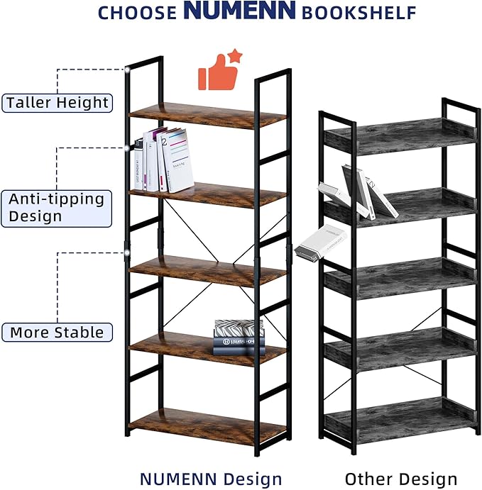 NUMENN 5 Tier Bookshelf, Tall Bookcase Shelf Storage Organizer, Modern Book S...
