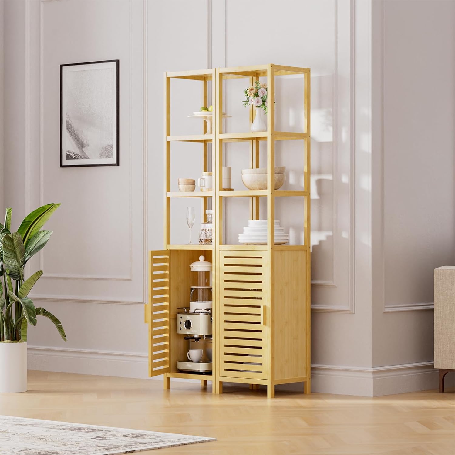 HITNET Bathroom Floor Cabinet, 6 Tier Tall Thin Linen Tower Storage Cabinet Free Standing Bamboo, Kitchen Side Organizer with 3 Shelves and Cupboard, Natural