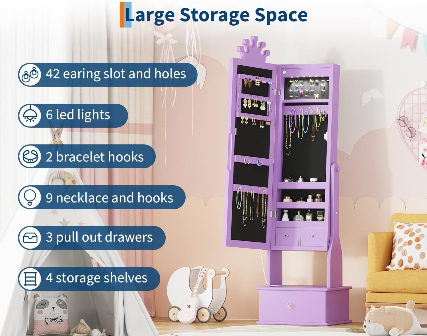 LED Kids Jewelry Armoire Cabinet with Full Length Mirror for Girls, Purple | 3 Color Touch Control Lighting,Anti-Tip Stable Structure,Lockable Cabinet, Freestanding Jewelry Organizer