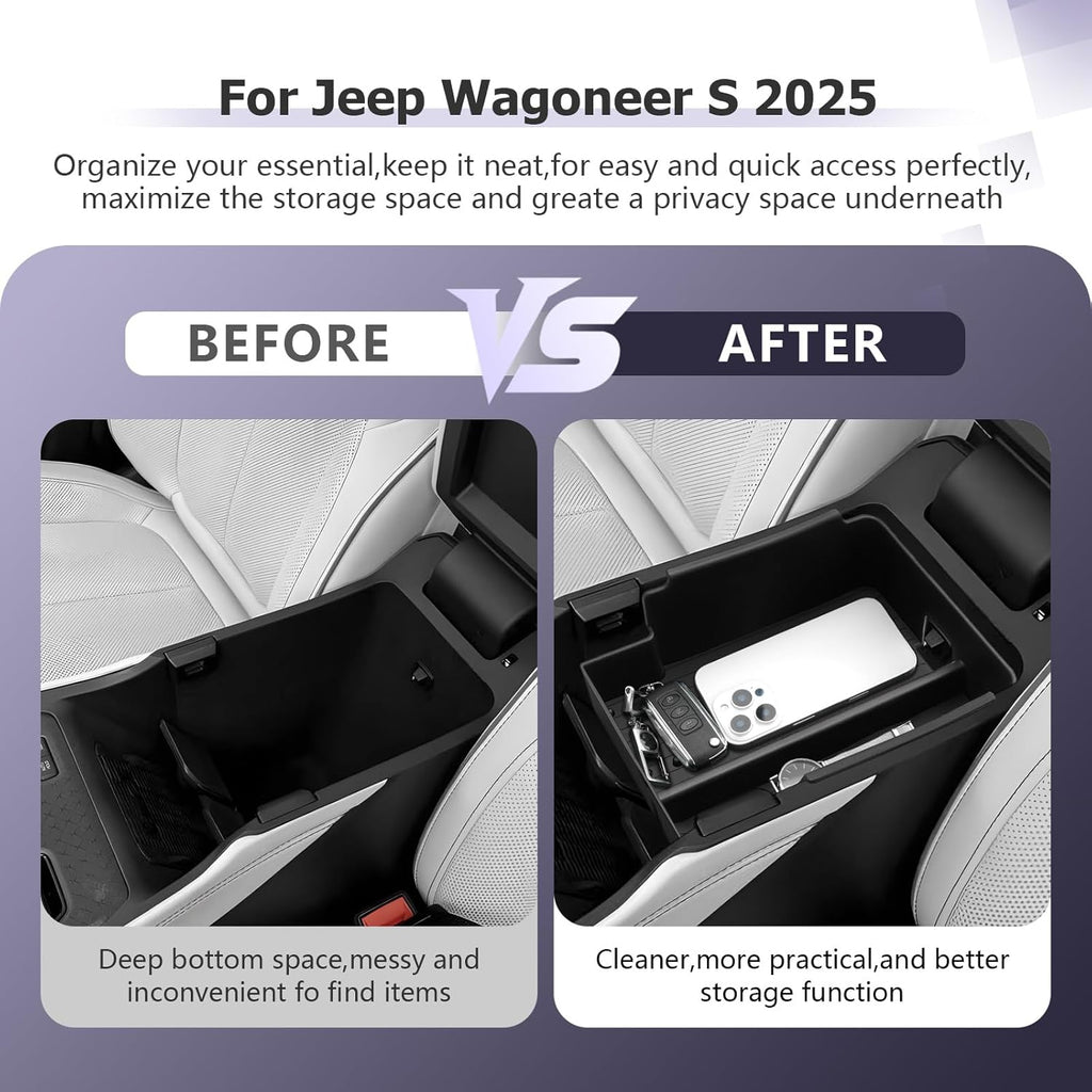 LUWU 2025 Wagoneer S Center Console Organizer for 2025 J eep Wagoneer S Accessories Armrest Console Storage Box Insert Tray ABS Material Black-Trim