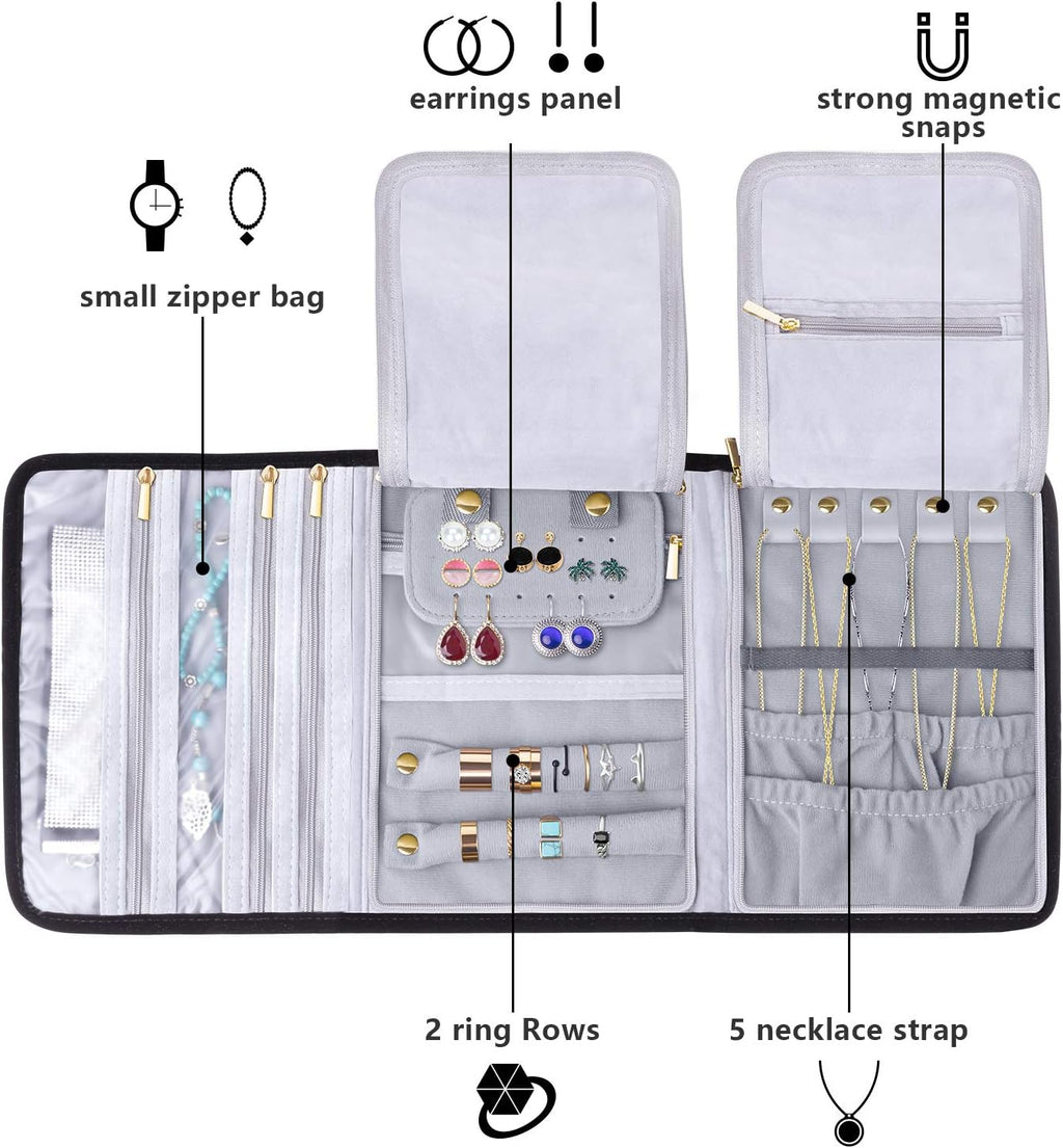 Teamoy Velvet Travel Jewelry Roll, Jewelry Storage Bag Organizer for Necklaces, Earrings, Bracelets, Rings, Brooches and More, Compact and Easy to Carry (Large, Velvet- Black)