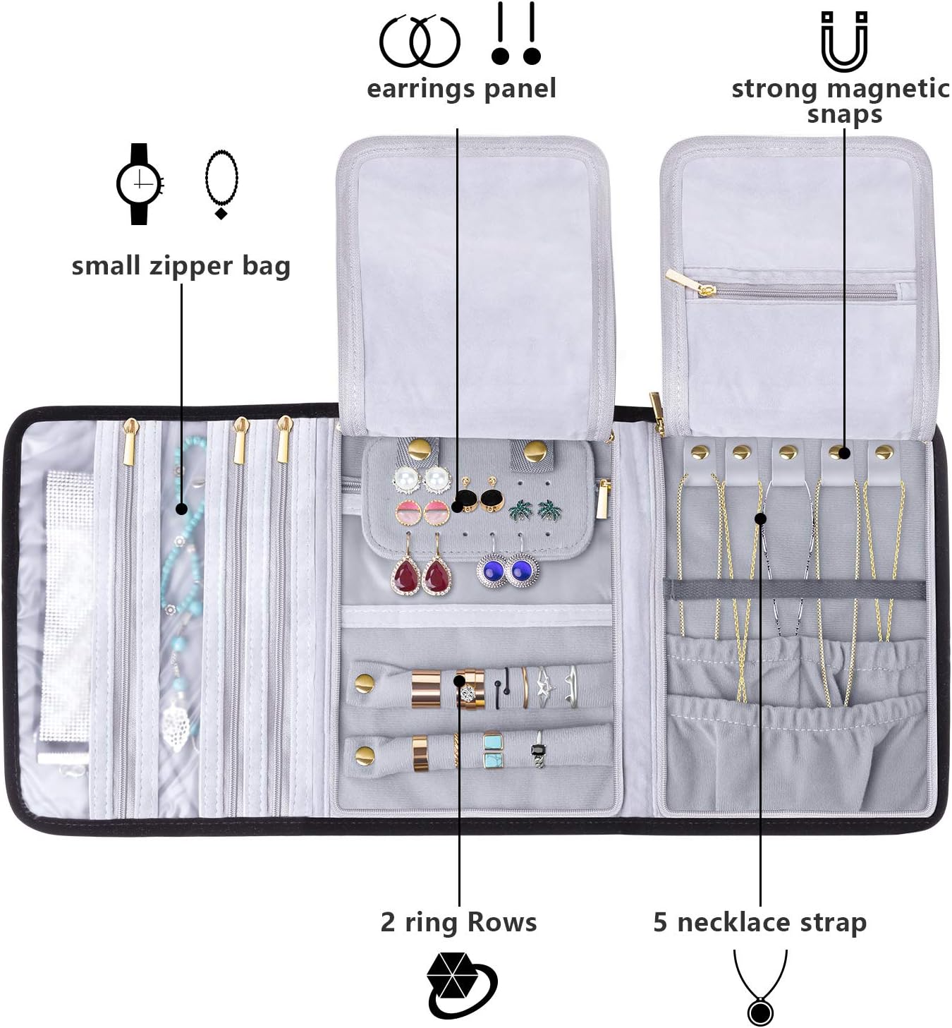 Teamoy Velvet Travel Jewelry Roll, Jewelry Storage Bag Organizer for Necklaces, Earrings, Bracelets, Rings, Brooches and More, Compact and Easy to Carry (Large, Velvet- Black)