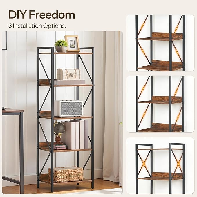 HOOBRO Bookshelf, 5-Tier Industrial Bookcase, Book Shelf Storage Organizer, T...