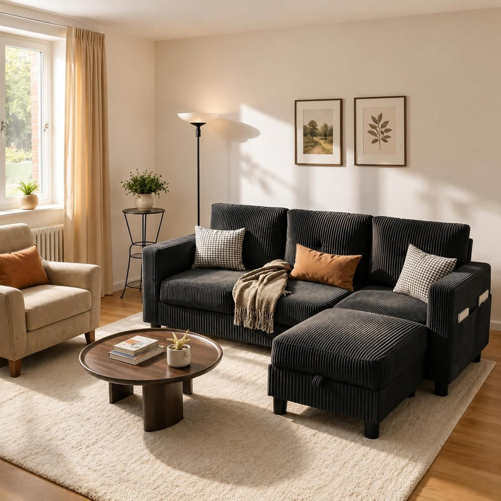 JAMFLY 77" L-Shaped Corduroy Sectional Sofa with Storage Ottoman, Black ...