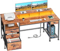 Furologee 60" Computer Desk with 4 Drawers and Printer Space, Gaming Desk with LED Lights and USB Power Outlets, Office Desk with Fabric File Cabinet, Work Table with Shelf for Bedroom, Rustic Brown