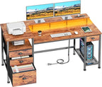 Furologee 60" Computer Desk with 4 Drawers and Printer Space, Gaming Desk with LED Lights and USB Power Outlets, Office Desk with Fabric File Cabinet, Work Table with Shelf for Bedroom, Rustic Brown