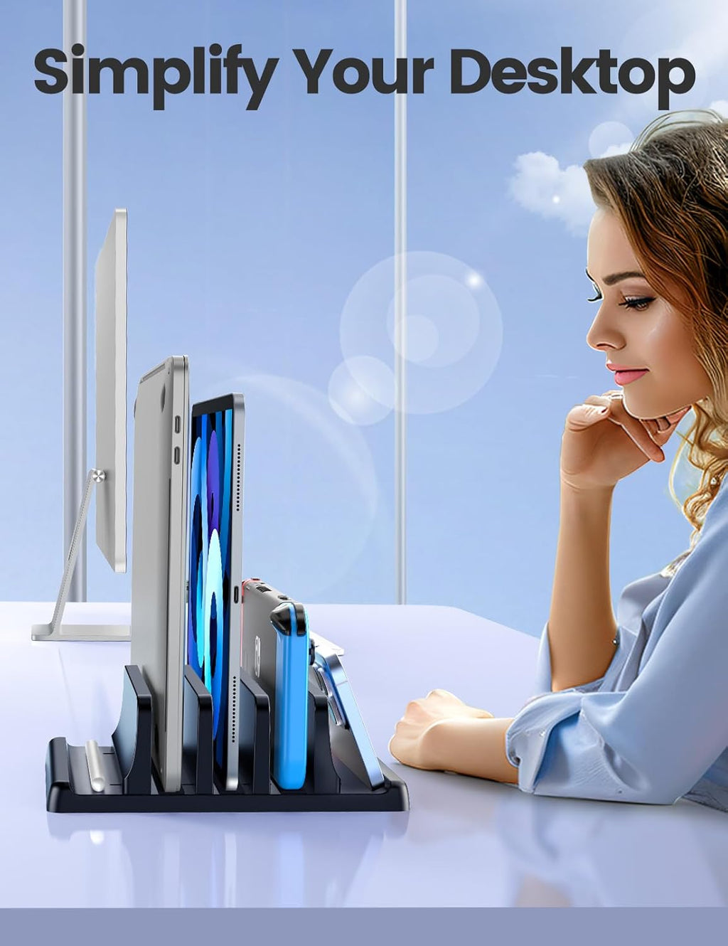 Vaydeer 3-Slot Vertical Laptop Stand Organizer, Laptop Storage Holder Made of Premium ABS Plastics 5 in 1 Design,Desktop Space-Saving Adjustable Desk Organizer for All MacBook/Chromebook/Surface