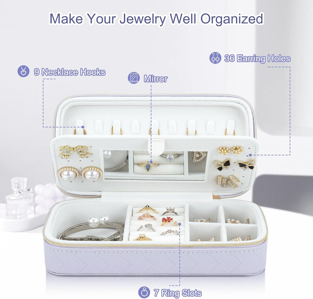 DesignSter Jewelry Organizer, Small Portable Travel Jewelry Storage for Women, Woven Embossed PU Jewelry Case with Mirror for Ring Earring Necklace Bracelet