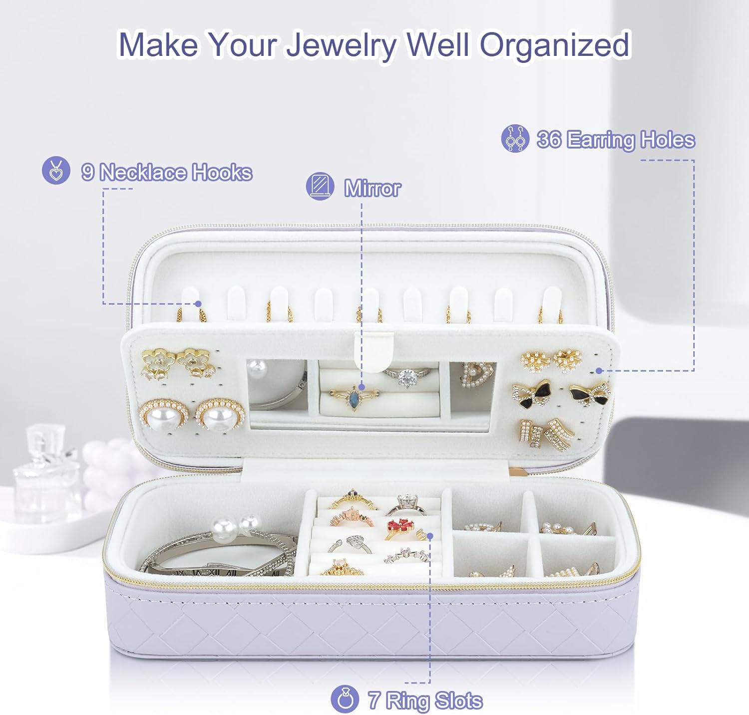 DesignSter Jewelry Organizer, Small Portable Travel Jewelry Storage for Women, Woven Embossed PU Jewelry Case with Mirror for Ring Earring Necklace Bracelet