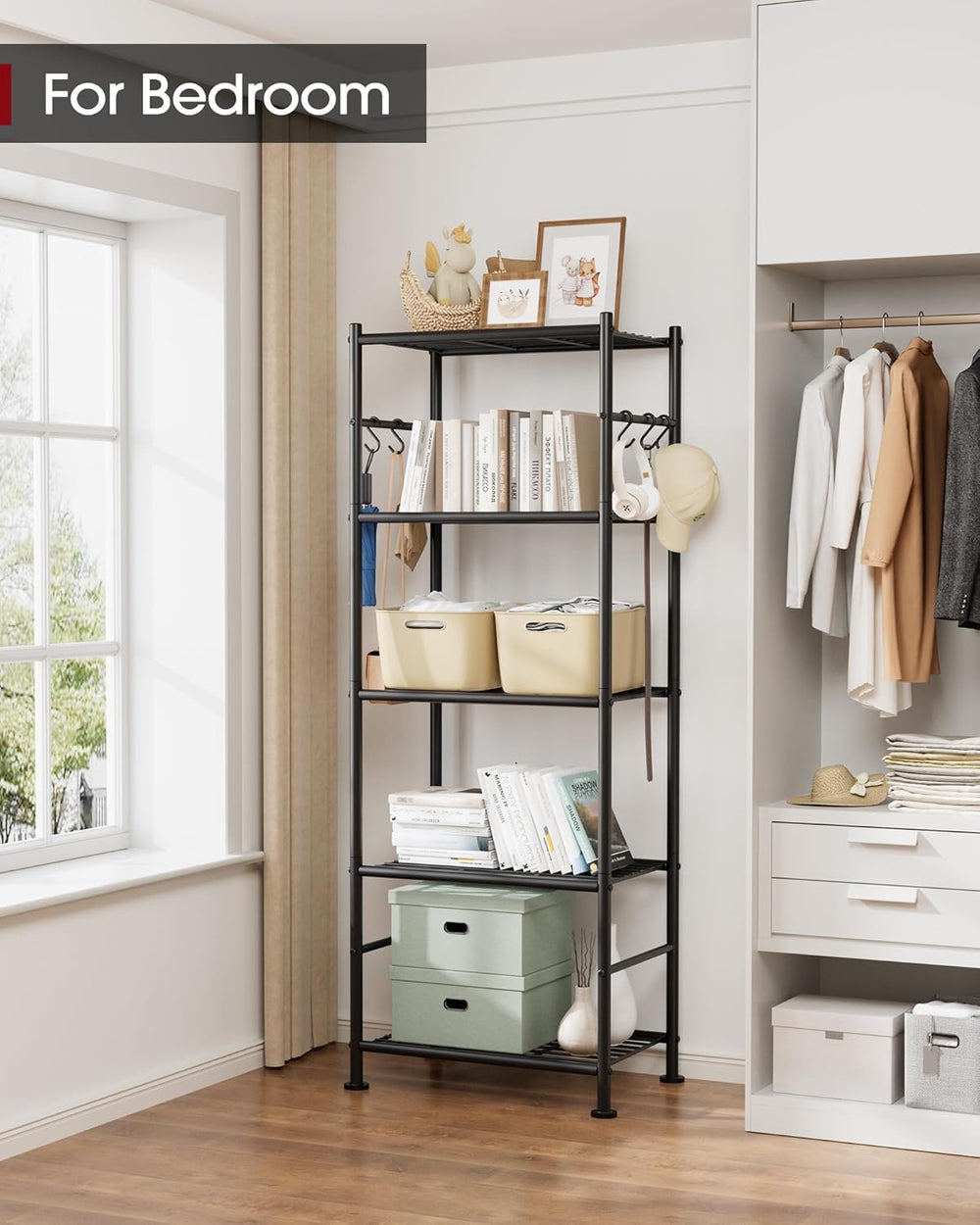 Sakugi Storage Shelves - 5-Tier Large Capacity Shelf Organizer with Hooks, He...