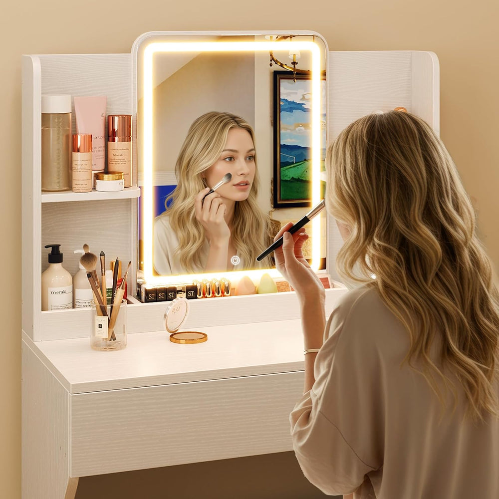 Driftalia White Small Vanity Desk with Mirror and 3 Color Adjustable Lights |...