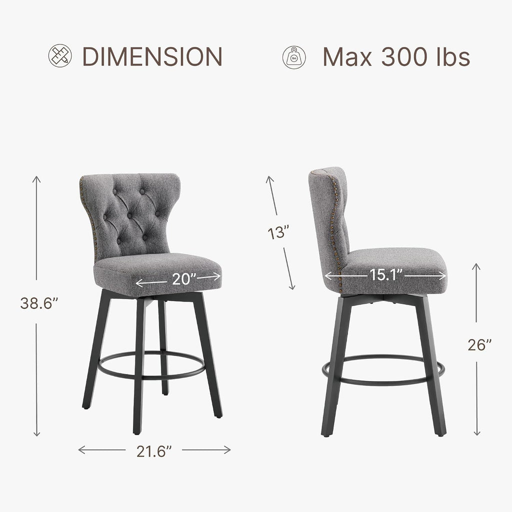 Counter Height Barstools 26 inch Upholstered Button Tufted Swivel Bar Stools with Back and Wood Legs for Kitchen Island,Set of 2,Grey-Nailhead Trim
